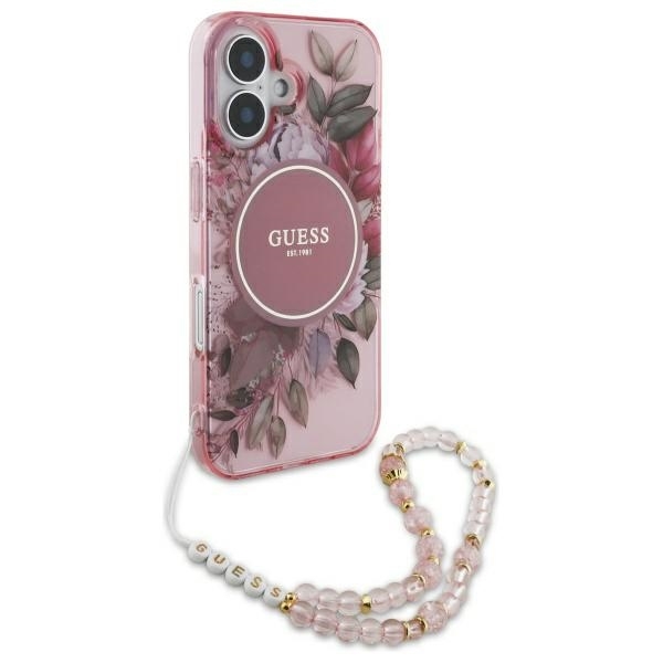 Guess Mobilskal till iPhone 16 MagSafe IML Flowers Med Pearl Strap - Rosa