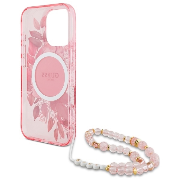 Guess Mobilskal till iPhone 16 Pro MagSafe IML Flowers Med Pearl Strap - Rosa