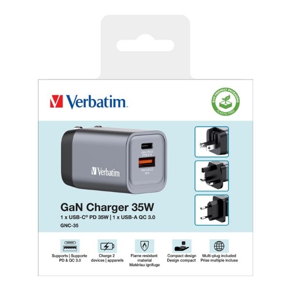 Verbatim Snabbladdare 35W GaN USB-C USB-A EU/UK/US - Svart