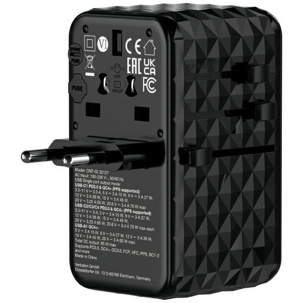 Verbatim Reseladdare GaN 85W PD 3xUSB-C USB-A EU/UK/US - Svart