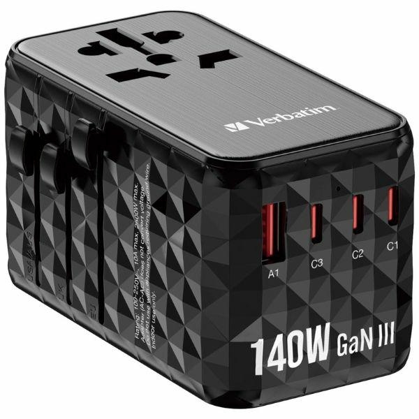 Verbatim Reseladdare GaN 140W PD 3xUSB-C USB-A EU/UK/US - Svart