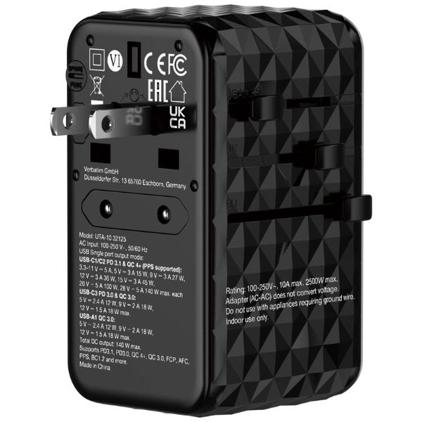 Verbatim Reseladdare GaN 140W PD 3xUSB-C USB-A EU/UK/US - Svart