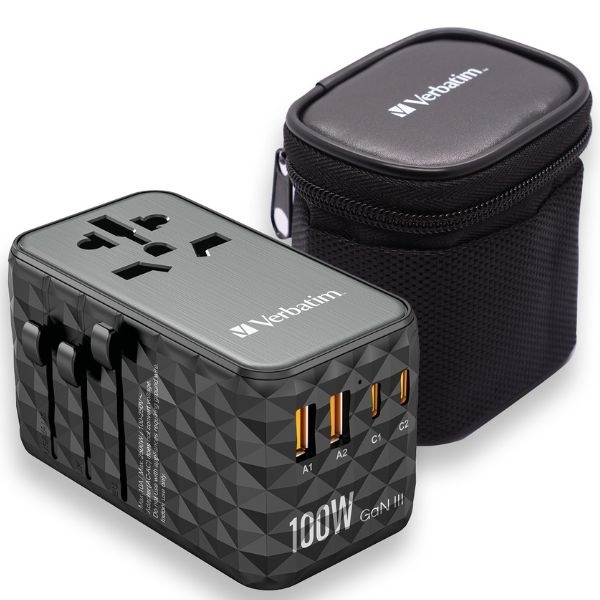 Verbatim Rejseoplader GaN 100W PD 2xUSB-C 2xUSB-A EU/UK/USA - Sort