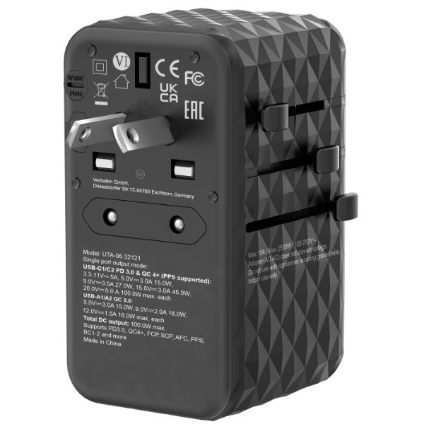 Verbatim Rejseoplader GaN 100W PD 2xUSB-C 2xUSB-A EU/UK/USA - Sort