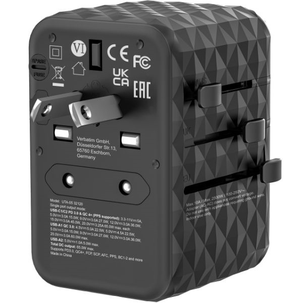Verbatim Rejseoplader GaN 65W PD 2xUSB-C 2xUSB-A EU/UK/USA - Sort