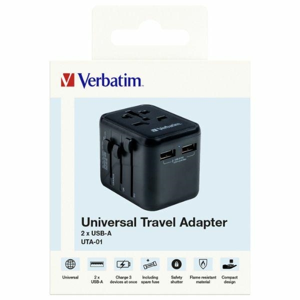 Verbatim Reseladdare 2xUSB-A EU/UK/US - Svart