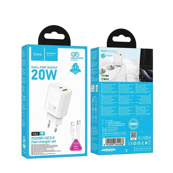 HOCO Väggladdare USB/USB-C 20W USB-C/Lightning Kabel N61 PD QC