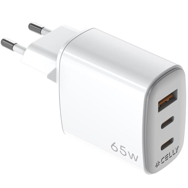 Celly Snabbladdare GaN 1 x USB-A + 2 x USB-C PD 65W - Vit