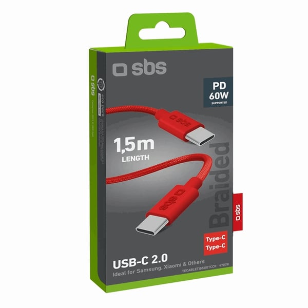 SBS USB-C - USB-C -kaapeli 1.5m 60W Punottu - Punainen