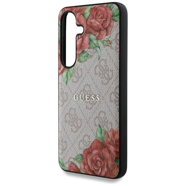 Guess Telefontaske til Galaxy S25 MagSafe Blomster Print Metal Logo - Lyserød