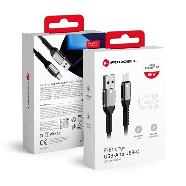 Forcell USB-A til USB-C Kabel 66W 2m QC3.0 3A Cafule - Sort