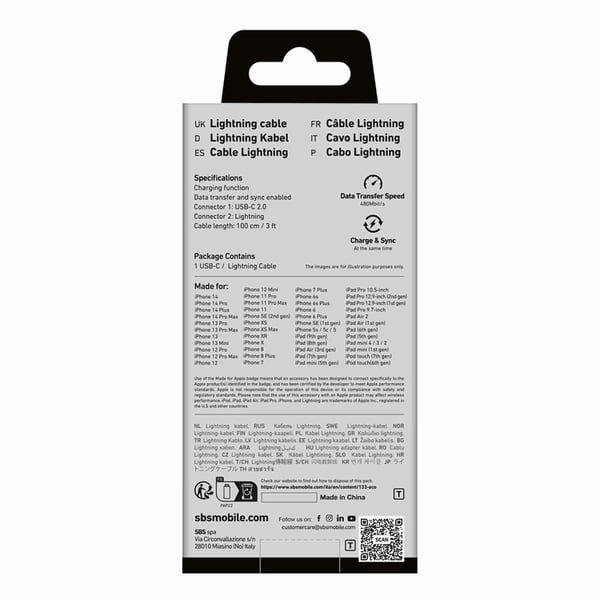 SBS USB-C - Lightning Kabel 1m MFi Certified - Vit