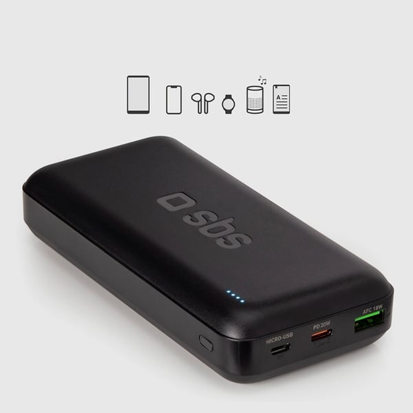 SBS PowerBank (USB-C/USB-A/Micro-USB ) 20000 mAh 20W - Svart