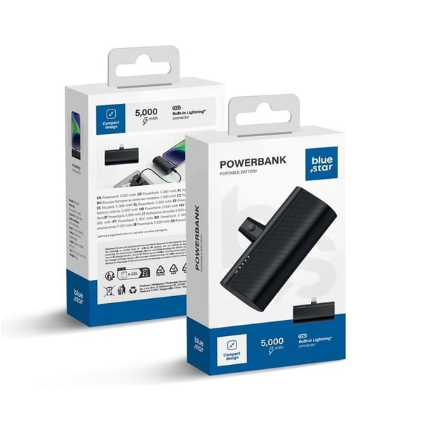 Blue Star Powerbank 5000 mAh 2.1A med inbyggd Lightning-kontakt - Svart