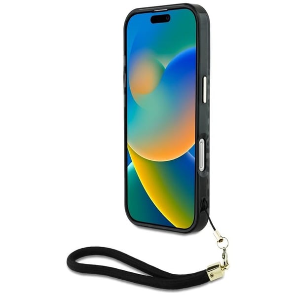 Guess-puhelinkuori iPhone 16 MagSafe IML Leopard Triangle Cord Strap - Musta