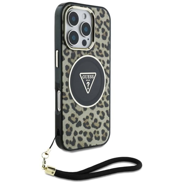 Guess Mobilskal till iPhone 16 Pro MagSafe IML Leopard Triangle Strap - Brun