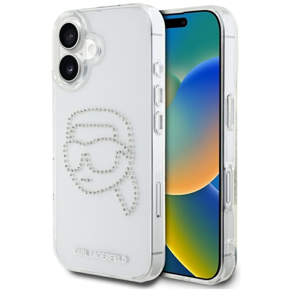 Karl Lagerfeld Telefontaske til iPhone 16 Rhinestone Karl Head - Gennemsigtig