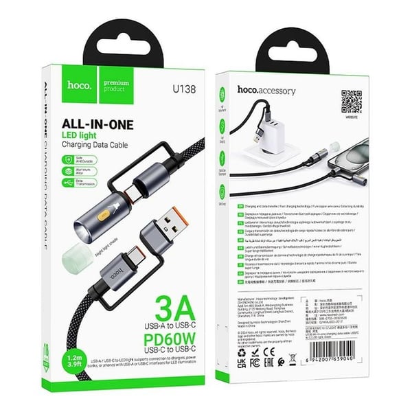 Hoco USB-A/USB-C Til USB-C LED Lys 60W 3A Kabel 1.2m U138 - Sort