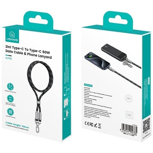 USAMS USB-C Till USB-C Kabel 60W 1.2m Lanyard - Svart