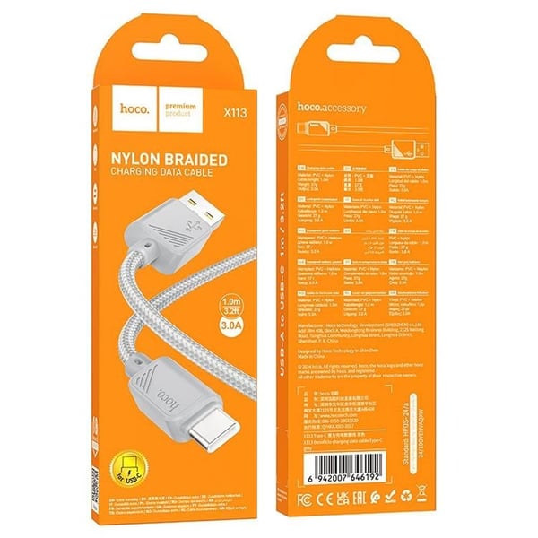 Hoco USB-A - USB-C 3A Kabel 1m X113 - Grå