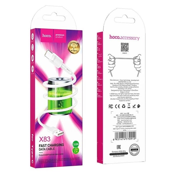 Hoco USB-A - USB-C 63A Kabel 1m X83 - Vit