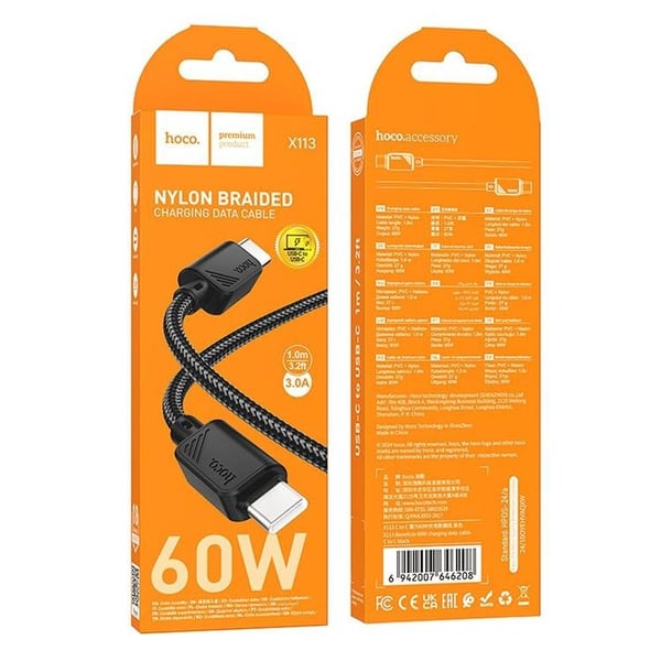 HOCO USB-C - USB-C 60W 3A Kabel 1m X113 - Svart