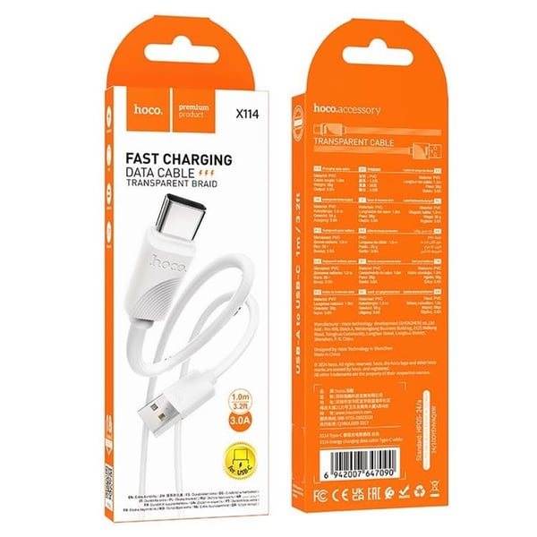HOCO USB-A - USB-C 3A Kabel 1m X114 - Vit