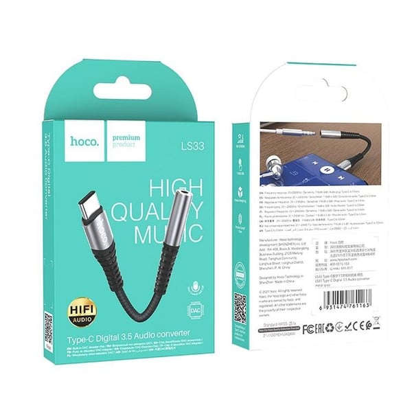 HOCO AUX 3.5mm till USB-C Adapter LS33 - Grå