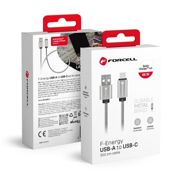 FORCELL USB-A - USB-C 66W Kabel 2m C234 QC4.0A 3A - Sølv