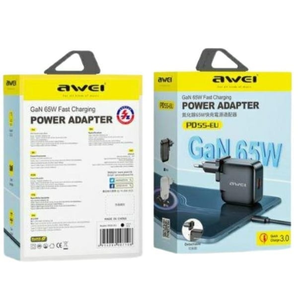 Awei Snabbladdare 65W 1xUSB-C 1xUSB-A PD55-EU GaN - Svart