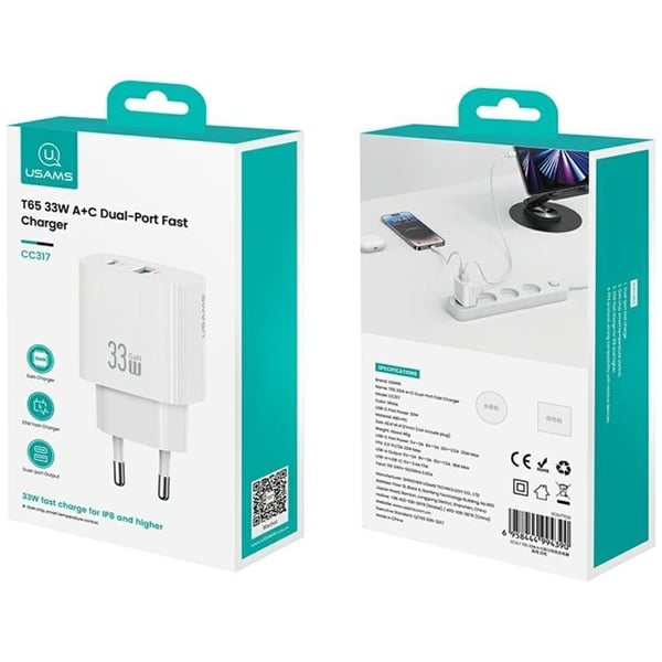 USAMS Snabbladdare 33W 1xUSB-C 1xUSB-A CC317 - Vit