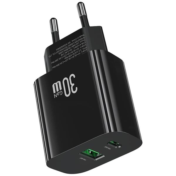USAMS Snabbladdare 30W 1xUSB-C 1xUSB-A CC316 - Svart
