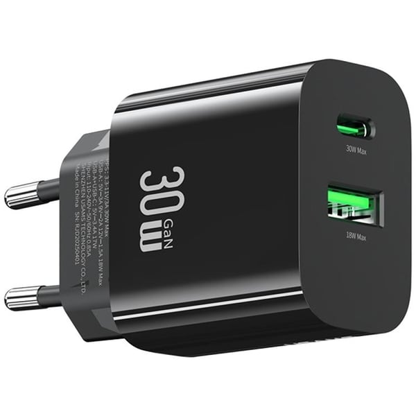 USAMS Snabbladdare 30W 1xUSB-C 1xUSB-A CC316 - Svart