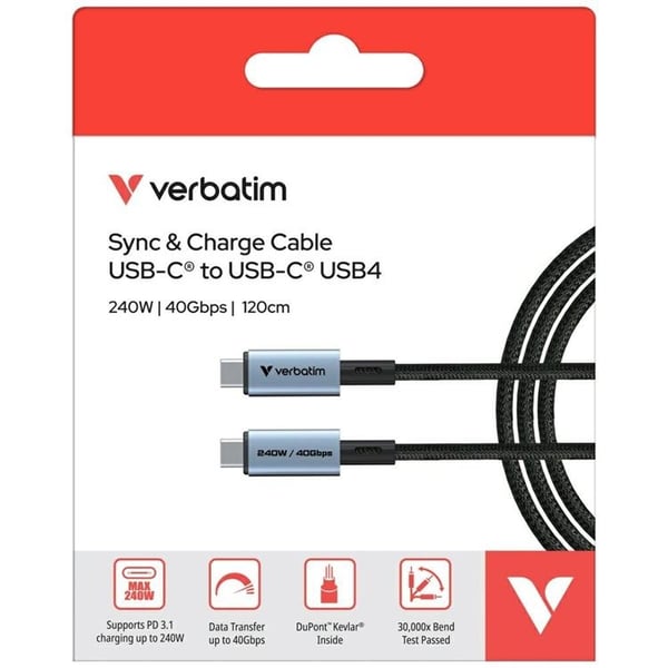 Verbatim USB-C Till USB-C 240W Kabel 120cm 40Gb/s Sync & Charge
