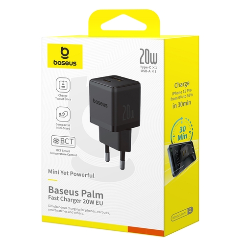 Baseus Hurtigoplader USB-C - USB-A 20W Palm - Sort
