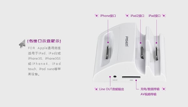 Pisen 3-in-1 Dockningsstation for iPhone 4/4S iPod  iPad