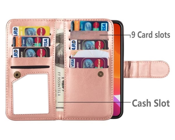 2-i-1 iPhone 13 Pro Plånboksfodral med 9 Kortplatser - Roséguld