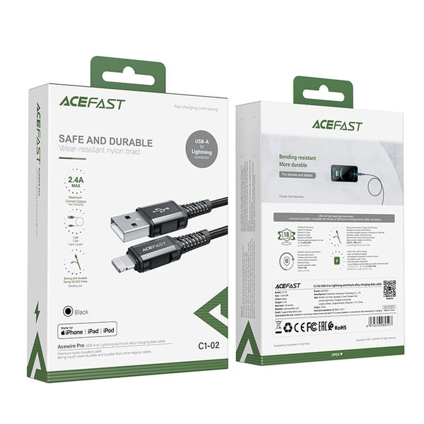 Acefast MFI USB-A - Lightning-kaapeli 1,2 m - Musta