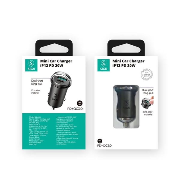 SiGN Mini Biloplader USB & USB-C PD & Q.C3.0. 5A 20W - Sort