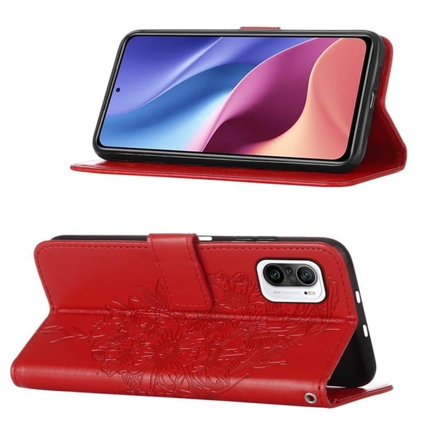 Butterfly Flower Imprinted Pung Etui Xiaomi 12 Pro - Rød