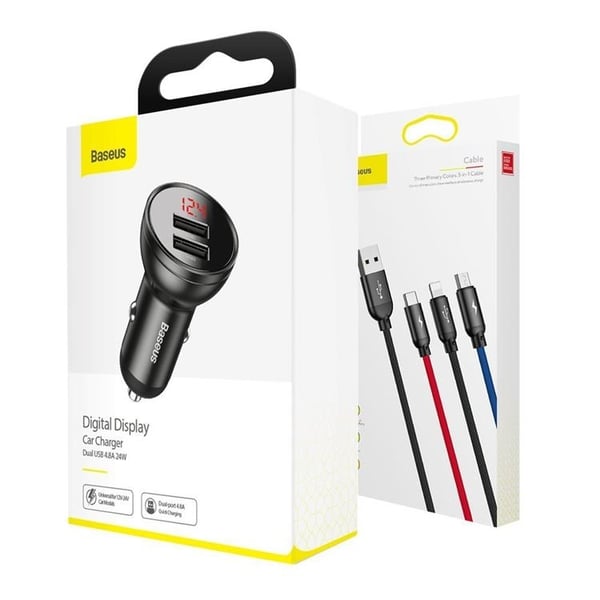 Baseus Biloplader 24W 3i1 microUSB-C Lightning Kabel 1.2m - Sort