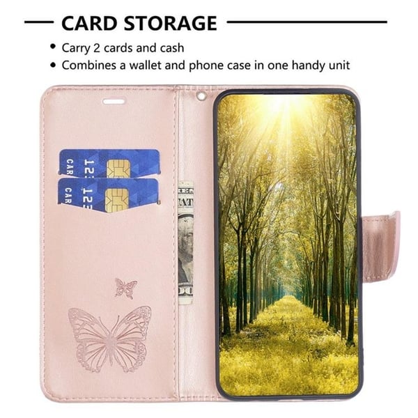 iPhone 14 Pro Max Plånboksfodral Butterflies Imprinted - Rosa Guld