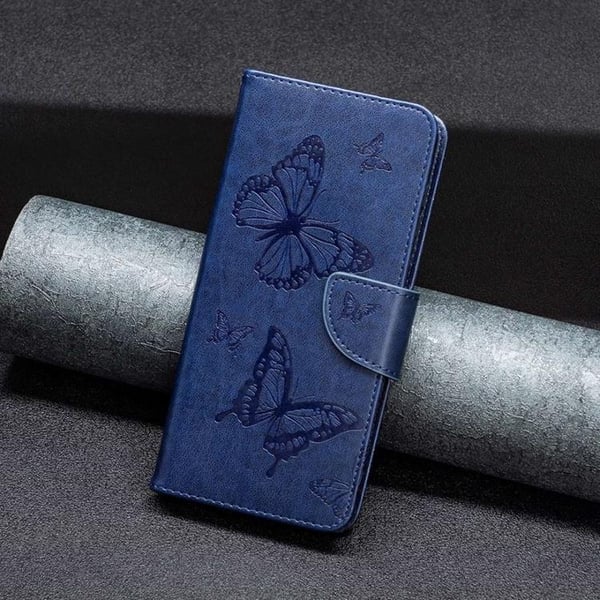 iPhone 14 Pro Max Plånboksfodral Butterflies Imprinted - Mörkblå