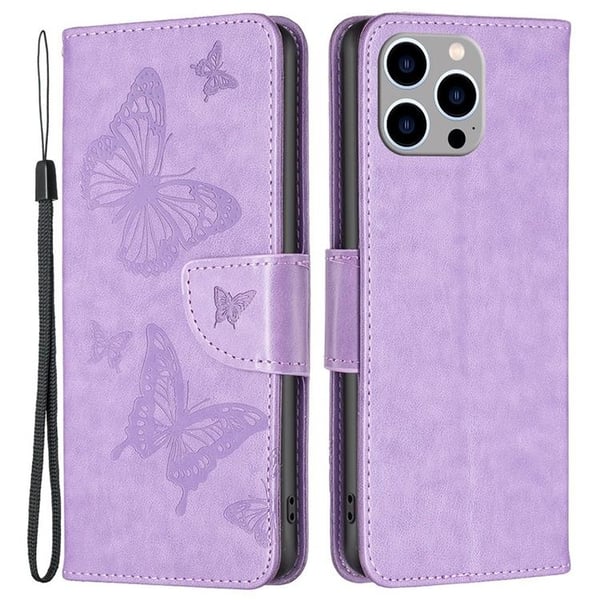 iPhone 14 Pro Plånboksfodral Butterflies Imprinted - Lila