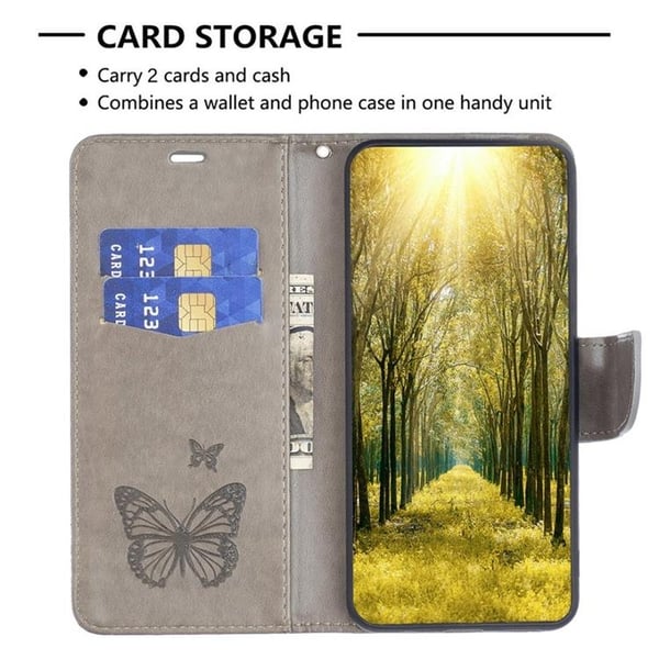 iPhone 14 Pro Lompakkokotelo Butterflies Imprinted - Harmaa