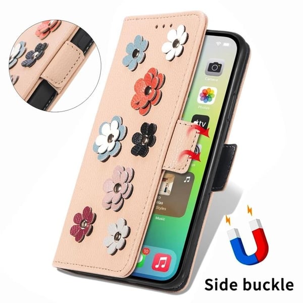 iPhone 14 Pro Max Plånboksfodral Flower Decor Magnetic - Khaki