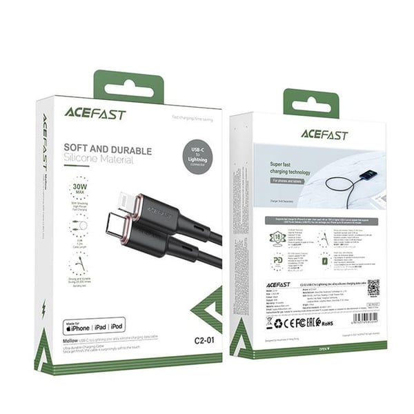 Acefast MFI USB-C till Lightning kabel 30W 1.2m - Svart