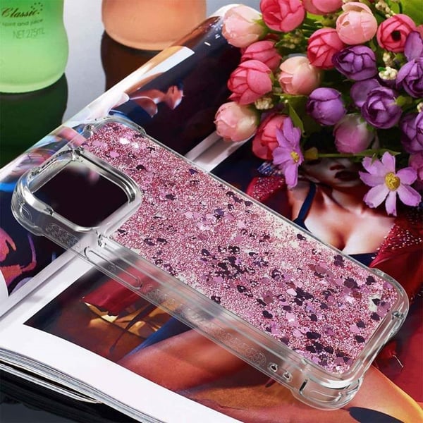 iPhone 14 Pro Max Kuori Liquid Floating Glitter - Ruusukulta