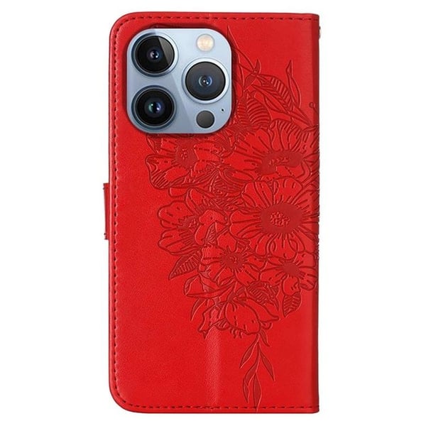 iPhone 14 Pro Max Plånboksfodral Butterfly Flower Imprinted - Röd