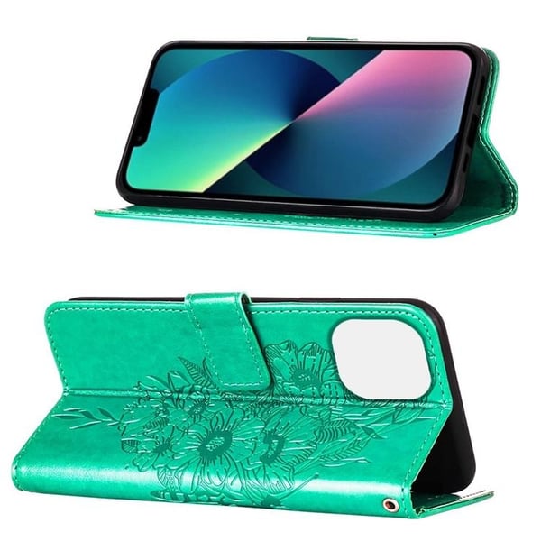 iPhone 14 Pro Max Pungcover Butterfly Flower Imprinted - Grøn